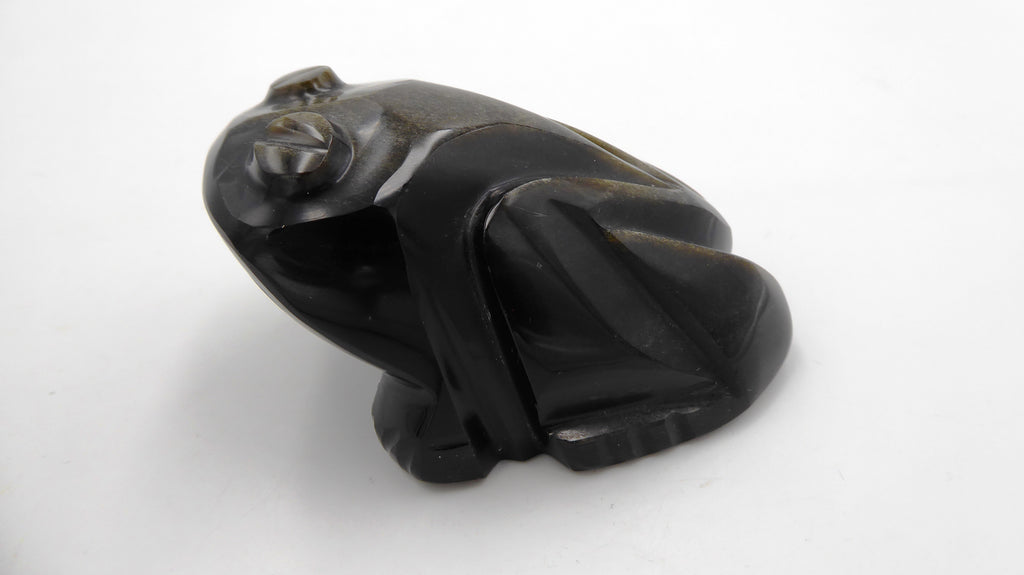 Moyenne grenouille en pierre brillante noire effet ébène reflets dorés (Modèle no 1)