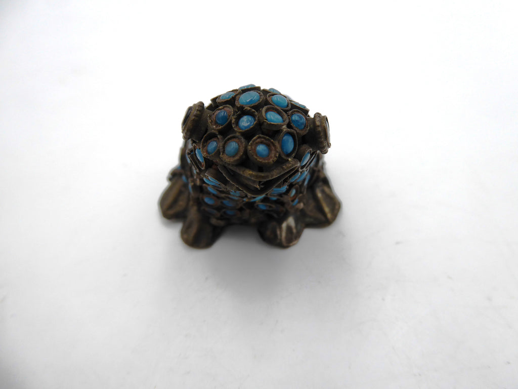 Vieille grenouille africaine en tôle laiton émaillée bleu ciel