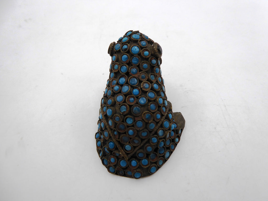 Vieille grenouille africaine en tôle laiton émaillée bleu ciel
