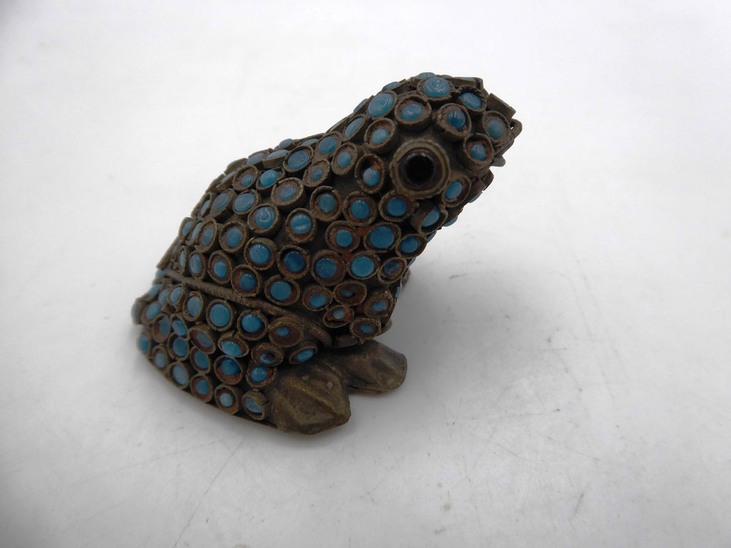 Vieille grenouille africaine en tôle laiton émaillée bleu ciel