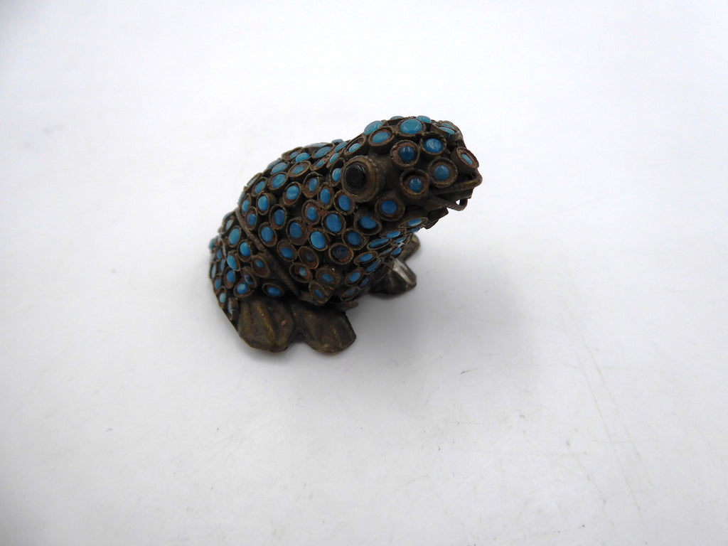 Vieille grenouille africaine en tôle laiton émaillée bleu ciel