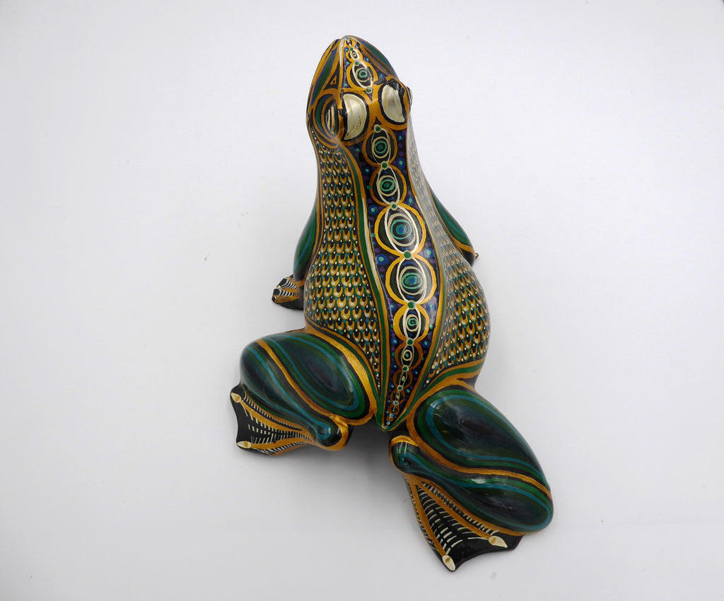 Grosse grenouille en bois sculptée peinte à la main