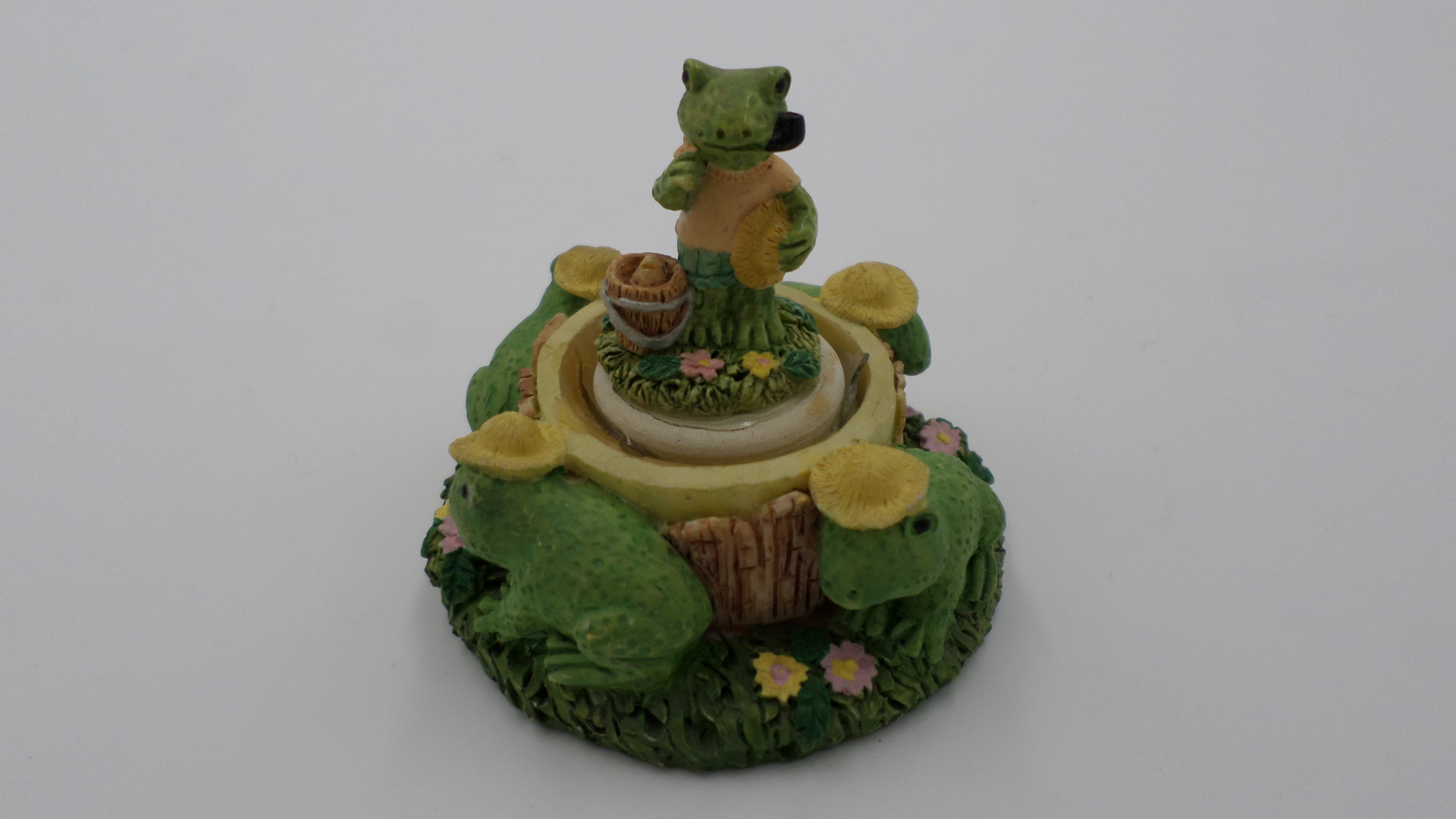 Grenouille au centre d'un jardin avec quatre autres grenouilles