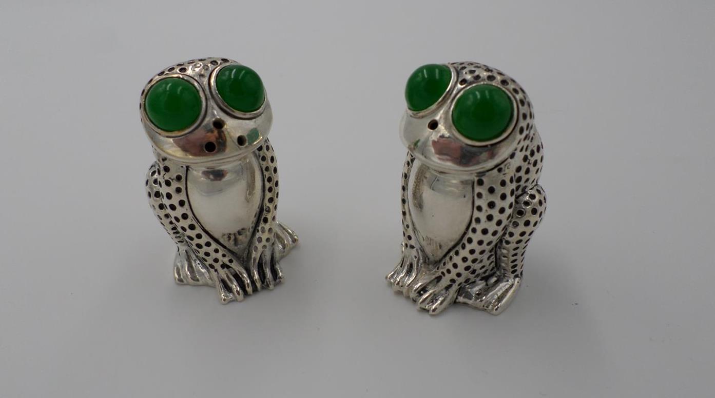 Couple salière et poivrière argent 925 avec yeux en jade