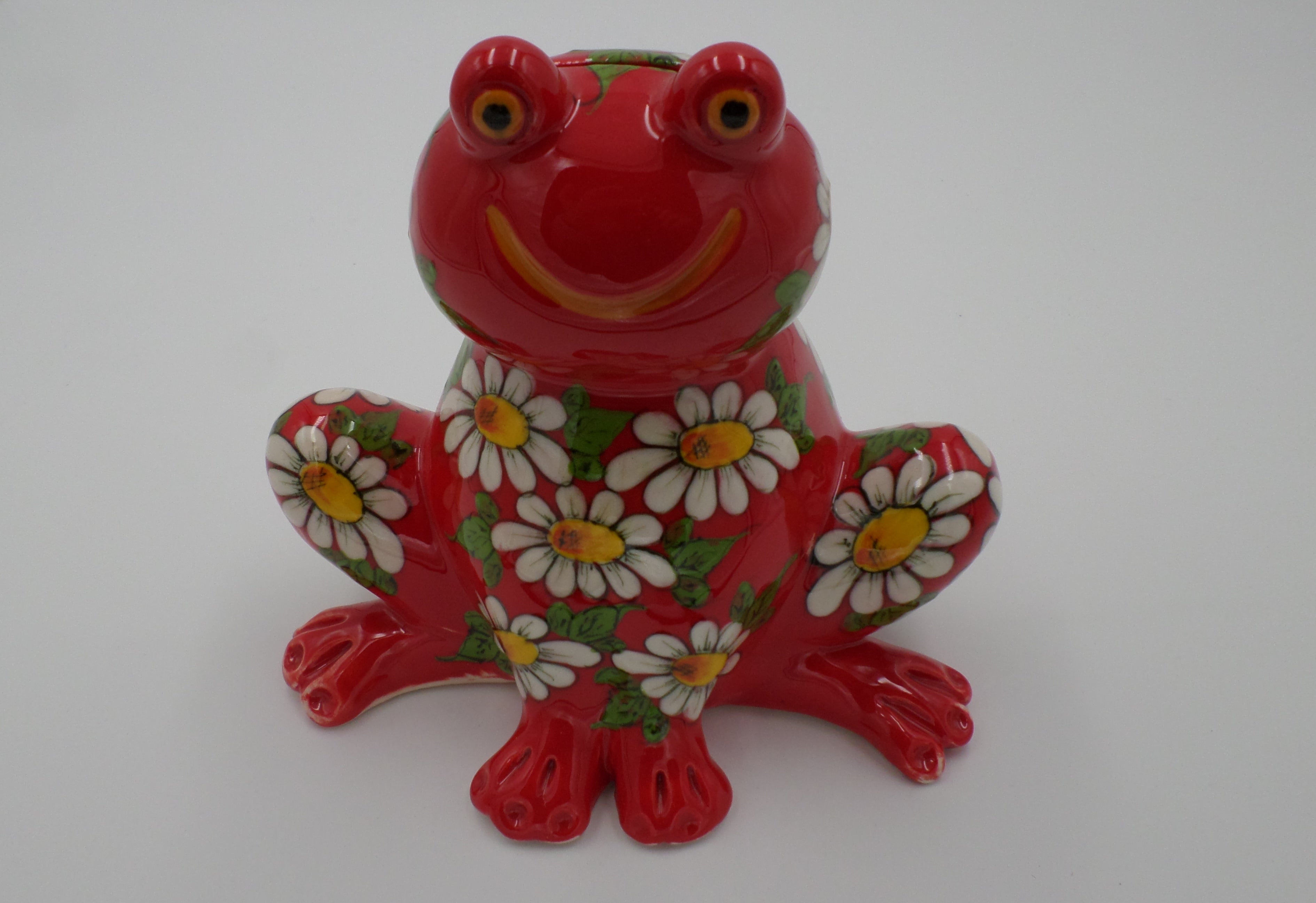 Tirelire grenouille aux marguerites couleur rouge en céramique