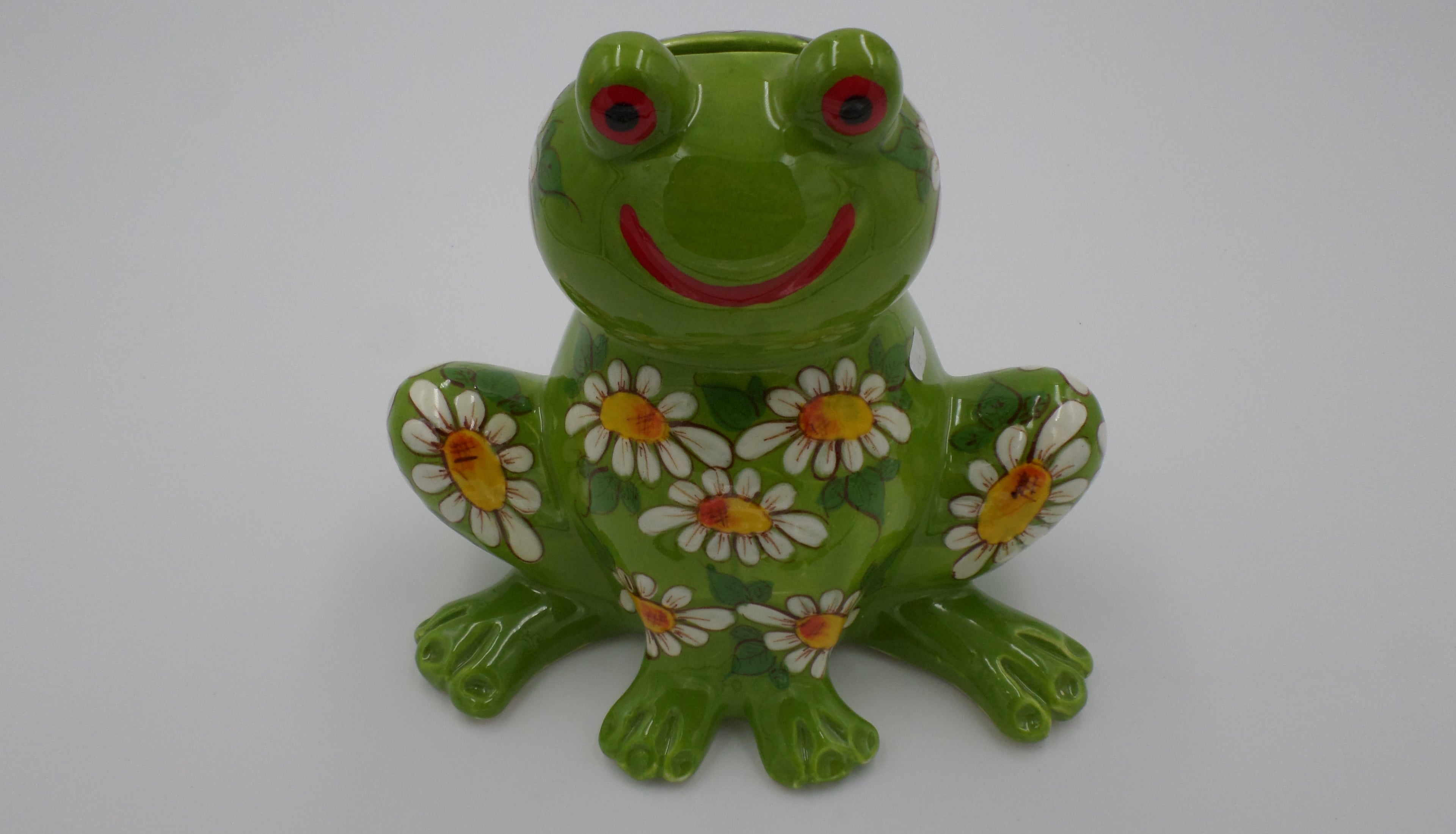 Tirelire grenouille aux marguerites couleur verte en céramique