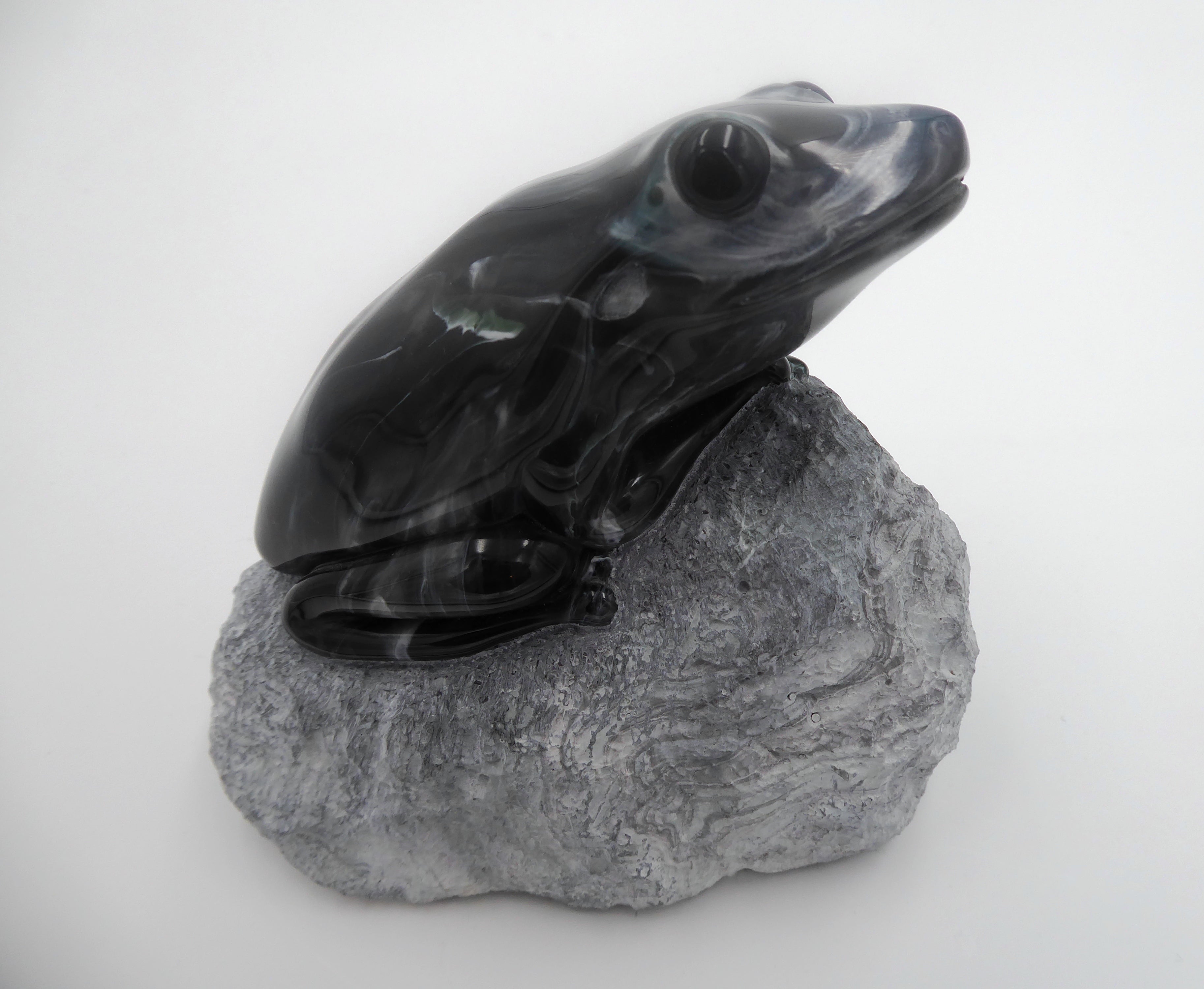 Très rare grenouille sculptée dans de l'onyx noir veinée blanche - Monté sur rocher - Acquise en AUSTRALIE
