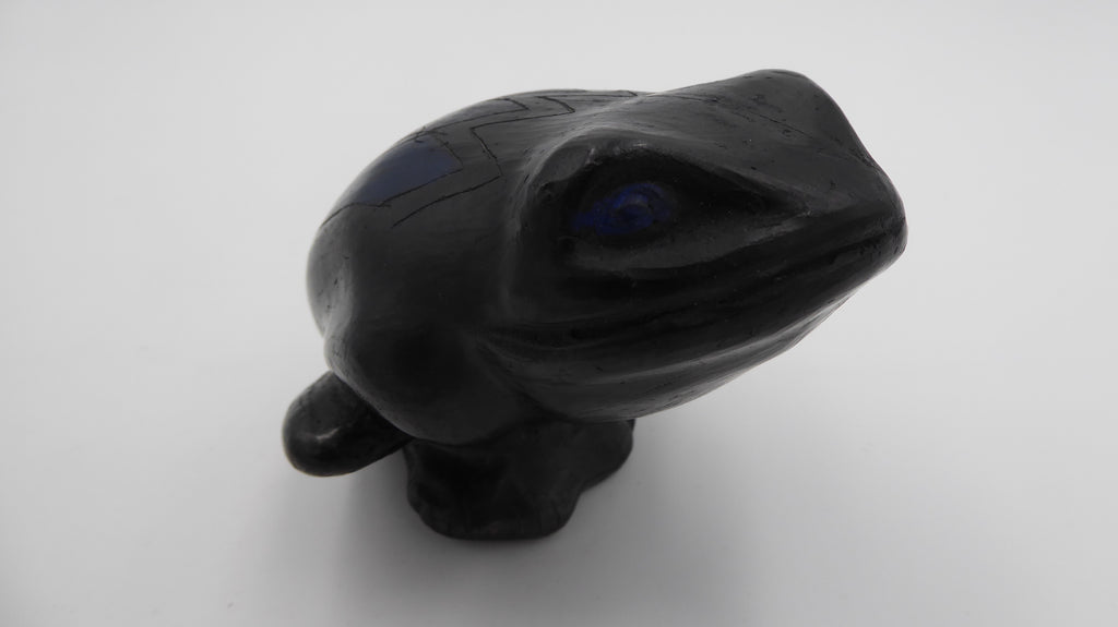 Vieille grenouille en céramique noire et bleu