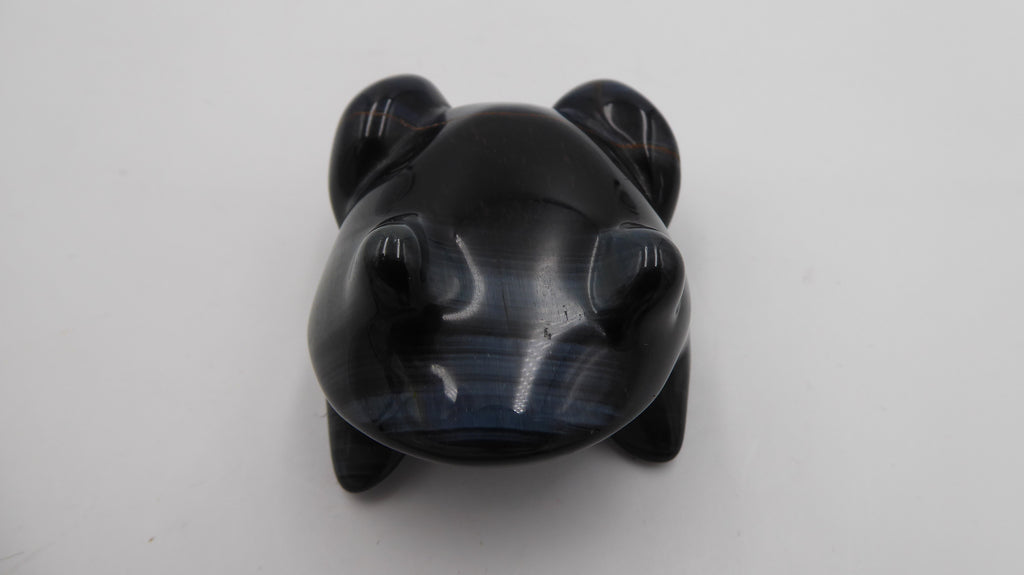 Petite grenouille en pierre labradorite noire à reflets bleus