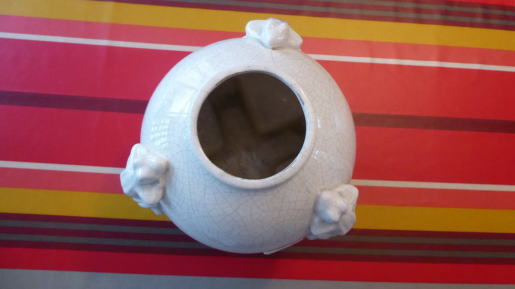 Vase boule art déco faïence décor craquelé blanc