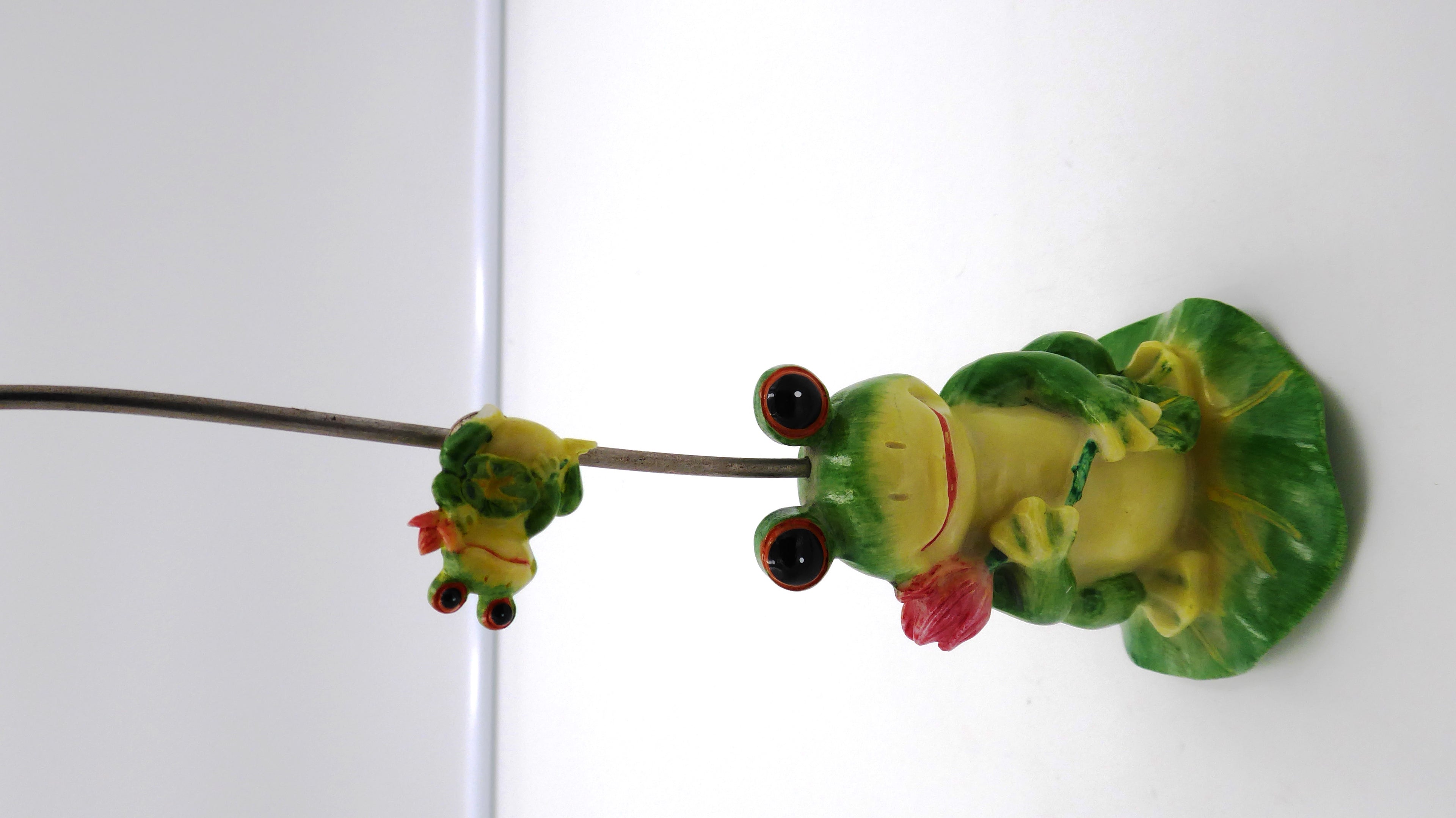 Trois petites grenouilles alimentées montant sur une tige supportée par une grenouille