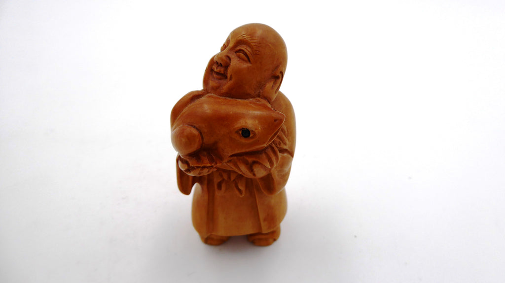 Metsuke bouddha et grenouille en bois peint