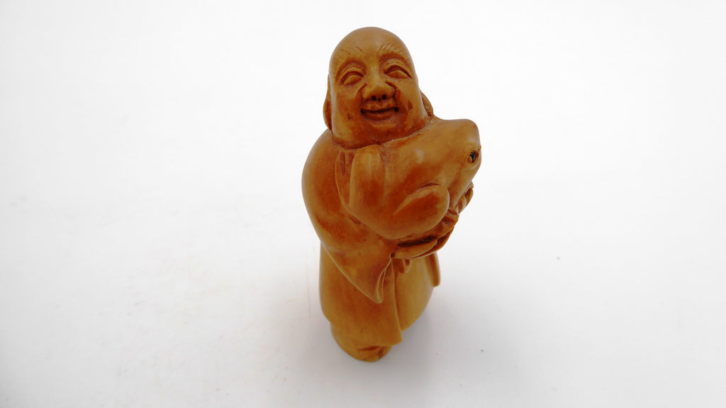 Metsuke bouddha et grenouille en bois peint