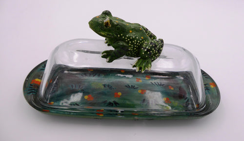 Ancien beurrier en verre peint