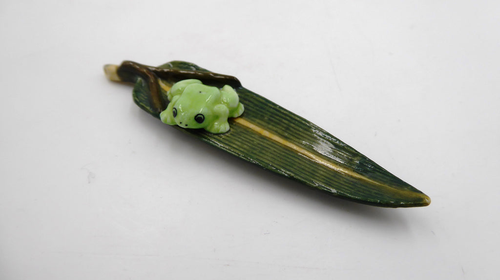 Petite grenouille sur un nénuphar qui est en forme de surf