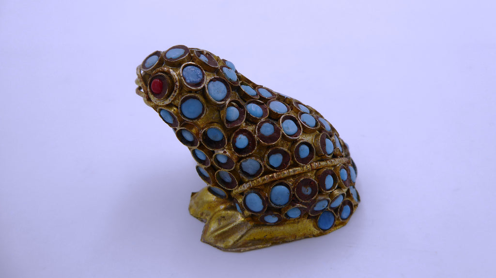 Vieille grenouille africaine en tôle laiton émaillée bleu ciel